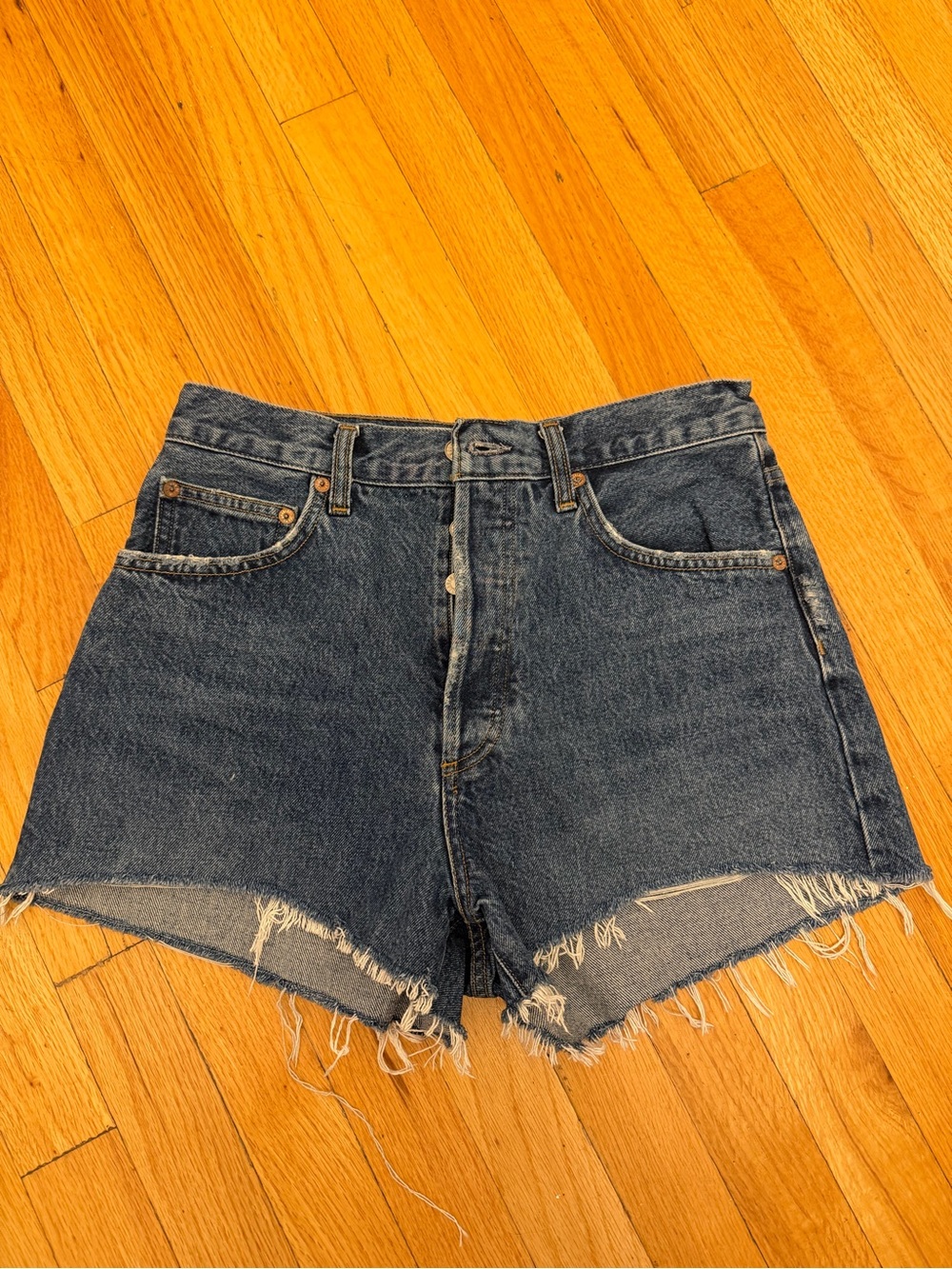 Agolde Dark Blue Denim Frayed Hem Cutoff Shorts
